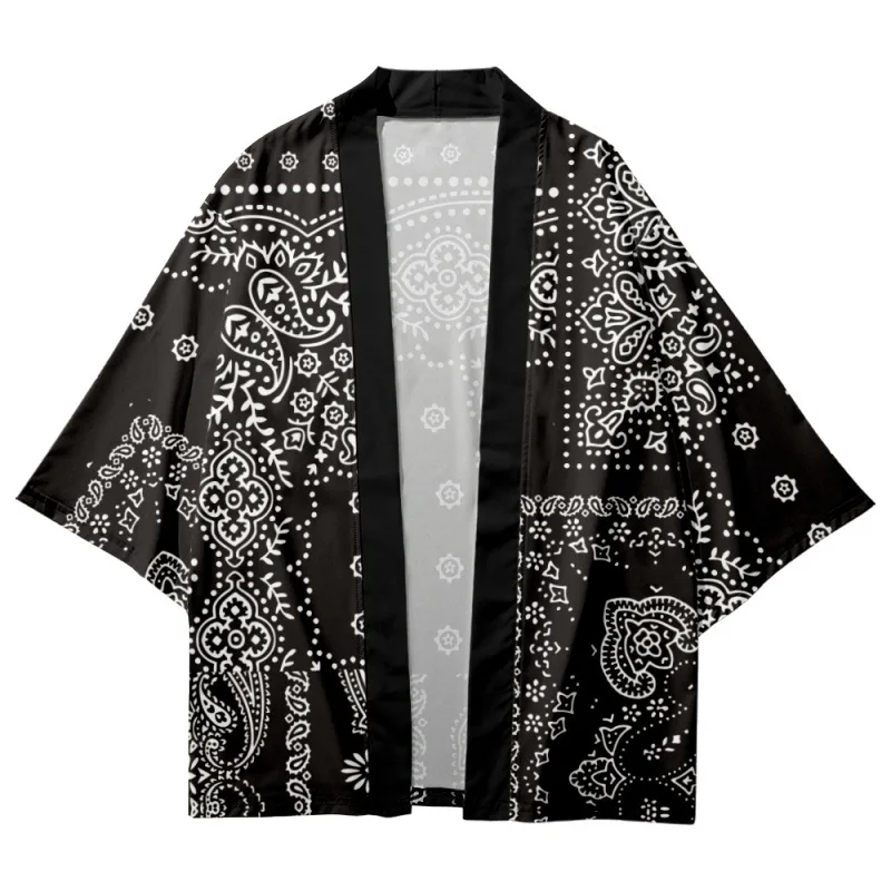 Summer Couple Women Men Streetwear Cashew Printed Black Traditional Japanese Kimono Beach Shorts Cardigan Yukata