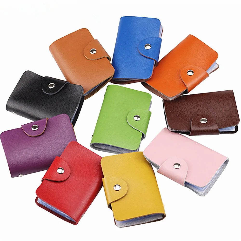 

Genuine Leather Business Card Holder Solid Color Pocket Case Women Men Folded ID Credit Bank Name Card Organizer Wallet 26 Slots