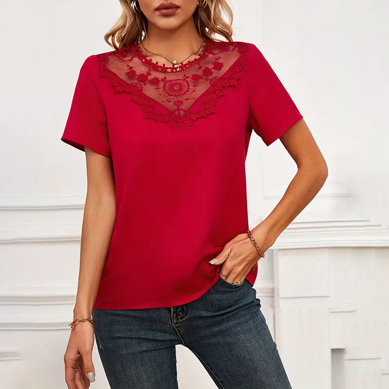 女性用シルクシフォン半袖Tシャツ,ラウンドカラー,透かし彫りブラウス,婦人服,ラージサイズ,ニューサマーコレクション2024