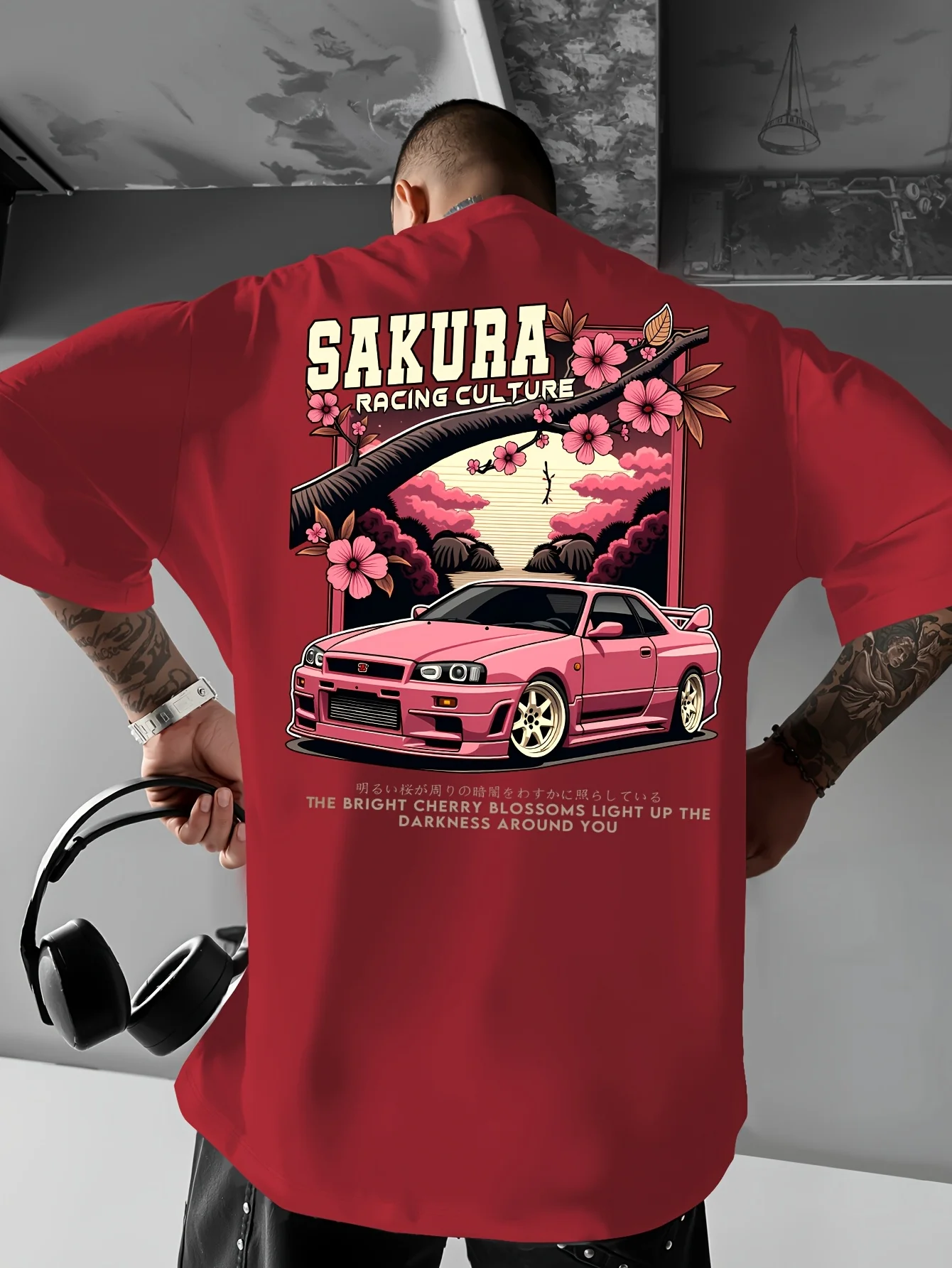 Men's Japanese Racing Graphic T-Shirt Sakura Motorsport Tee Cherry Blossoms Loose Fit Back Print Shirt Drift Events Streetwear image 6