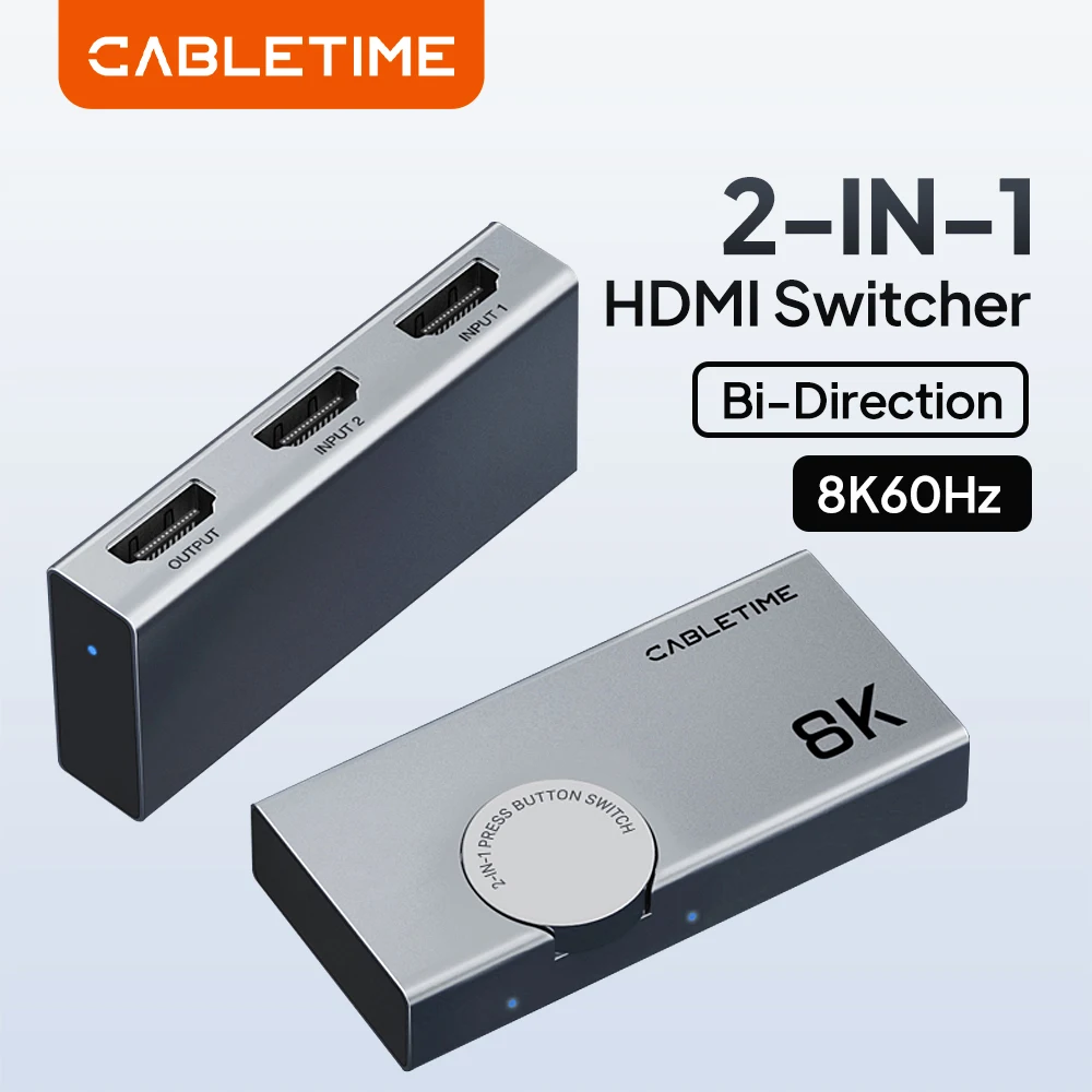 CABLETIME HDMI 2.1 Splitter Switch 8K@60Hz 4K@120Hz Bi-Direction 2 in 1 out HDMI Switcher Knob Design Adapter for Laptop Macbook