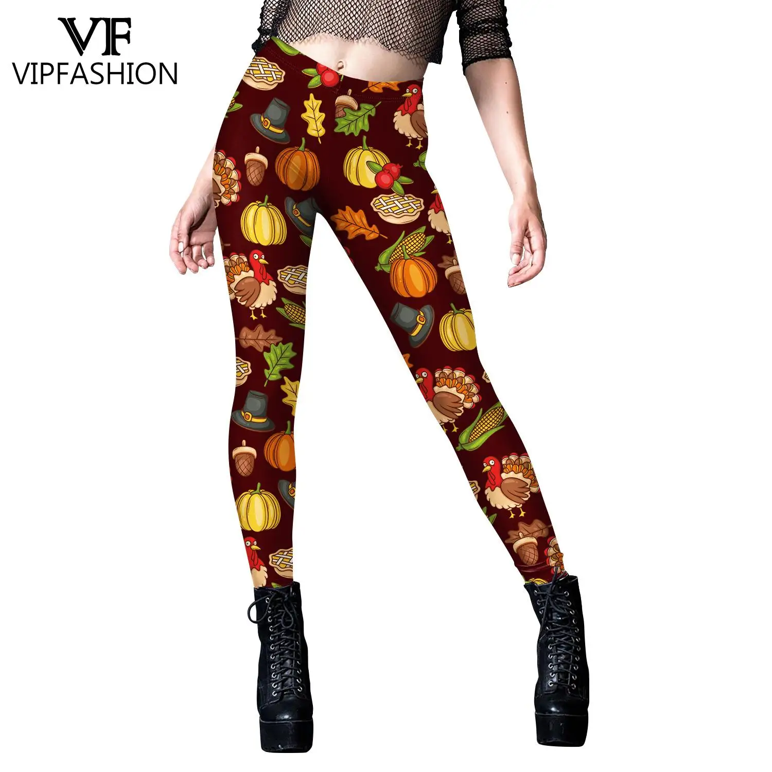 VIP Fashion Thanksgiving Days Women Print Leggings Holiday Party Sexy Tights Turkey Holiday Pants Female Mid Waist Seam Trousers