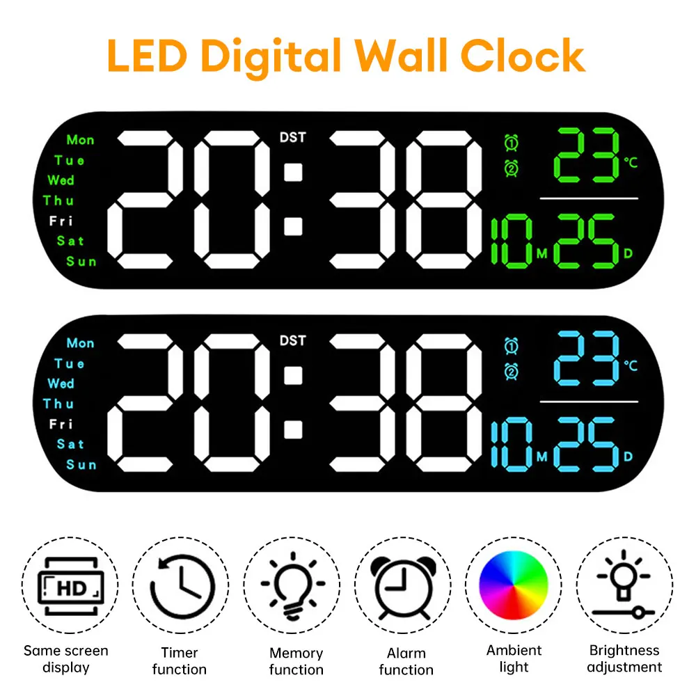 

Large Screen LED Wall Clock Digital Temperature Humidity Display Electronic Alarm Clock with Breathing Light for Living Room