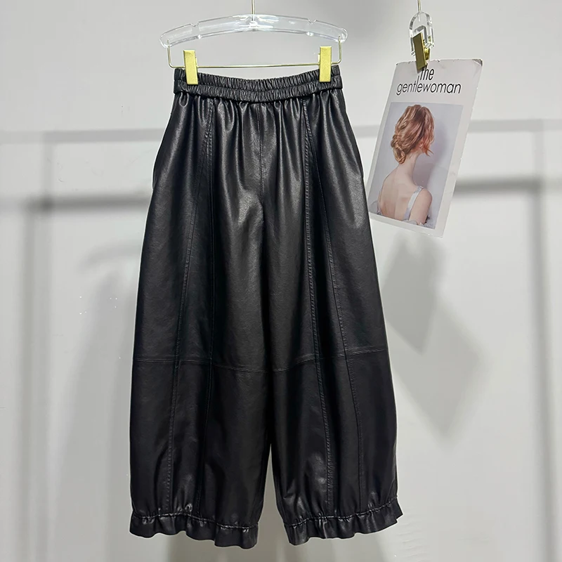 Leather Trousers Spring Summer Ladies Vegetable Tanned Sheepskin Cropped Pants Elastic Waist Loose Casual Flower Bud Bloomers