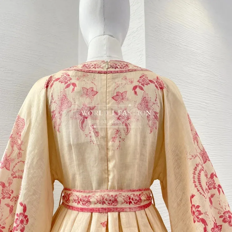 2025년 신상 플로럴 프린트 린넨 고품질 여름 핑크 V넥 긴팔 미니 드레스 (휴가용)