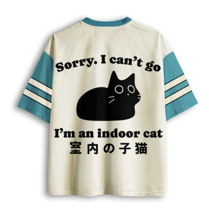 Sorry I Can't Go Indoor Black Cat Japanese Text Print Men V Neck Mesh Jersey Short Sleeve Top