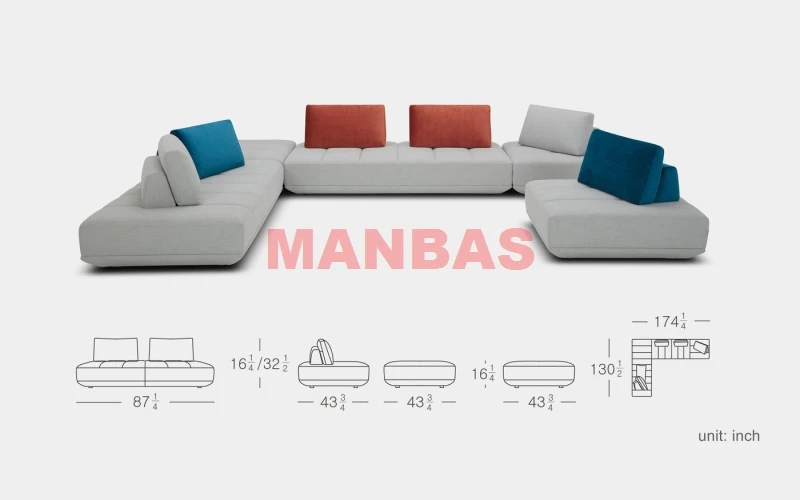 Nowoczesna sofa segmentowa z otomańskimi sofami i modułowymi otomaniami z ruchomymi oparami, pluszowymi poduszkami z pianki o dużej gęstości