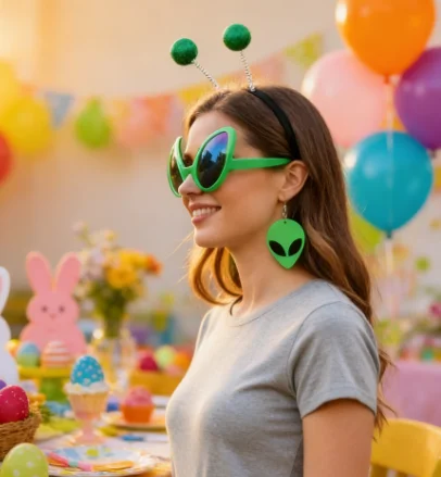 ชุดอุปกรณ์เสริมสำหรับชุดเอเลี่ยนเทศกาลอีสเตอร์: ที่คาดผมเสาอากาศสีเขียว, แว่นกันแดด, ถุงมือ, ต่างหู และสายรัดข้อมือ......– ชุดปาร์ตี้สุดสนุก