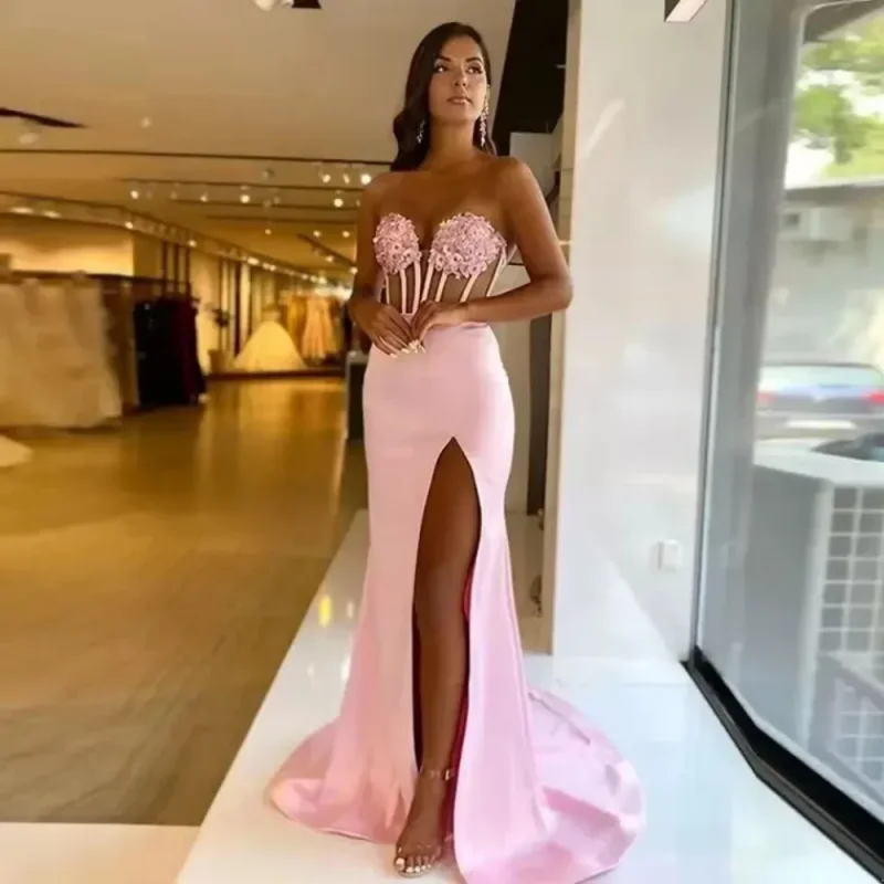 Vestidos De Fiesta De sirena rosa, ropa De noche Sexy, ilusión De corazón, cuentas, lentejuelas, abertura alta, Vestidos largos personalizados