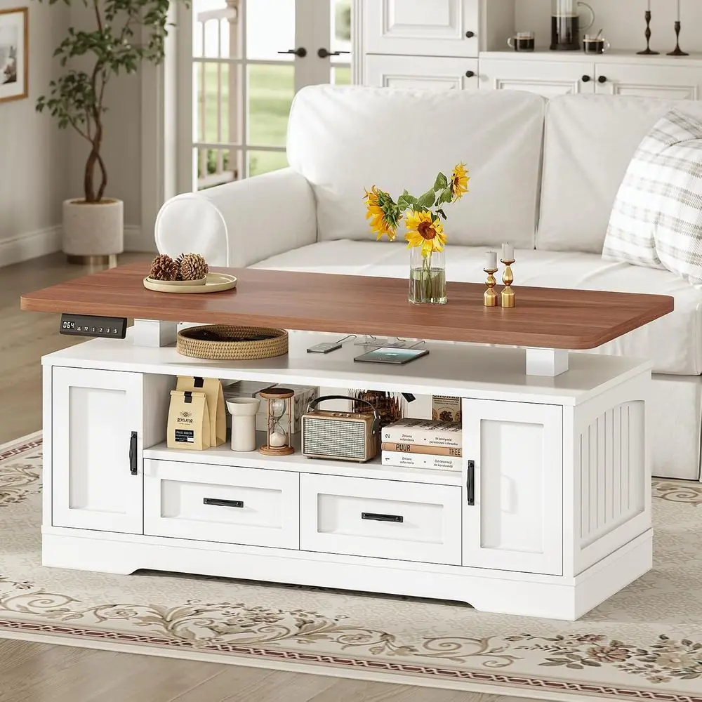 

Adjustable Height Farmhouse Style Coffee Table with Storage, Drawers, and Power Outlet, White