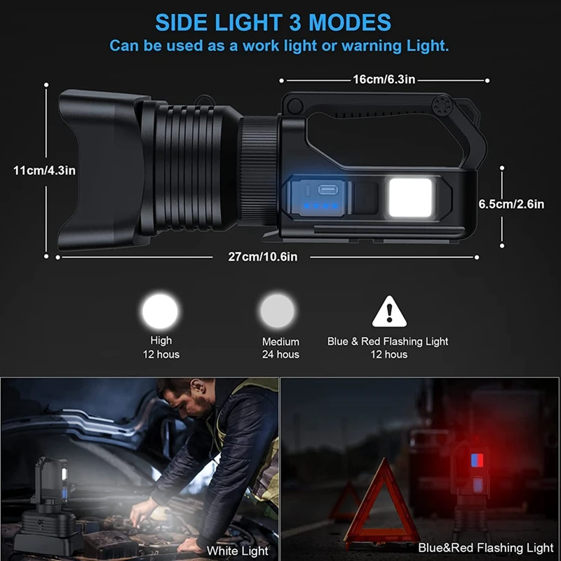 Rechargeable Spotlight, 100000 Lumens Handheld Hunting Flashlight LED Spot Light With Cob Light And Tripod, Lightweight