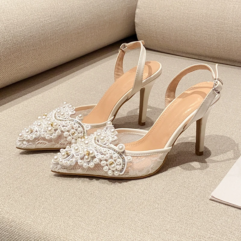 

White Mesh Sandals Woman Pearl Rhinestones Lace Pointed Toe Pumps Thin High Heels Sexy Slingback Banquet Party Ladies Shoes