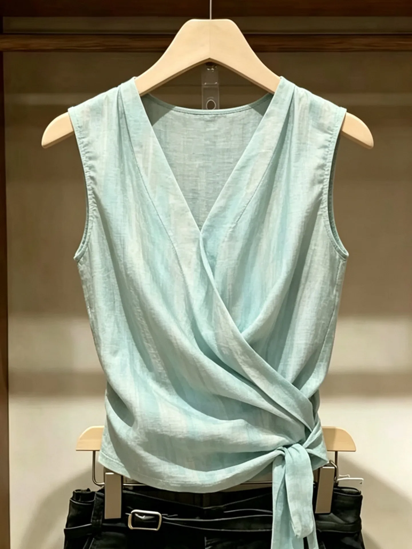 Atmospheric Blue Green Cross V Neck Side Tie Sleeveless Vest Women's Summer New Beautiful Small Audience Top