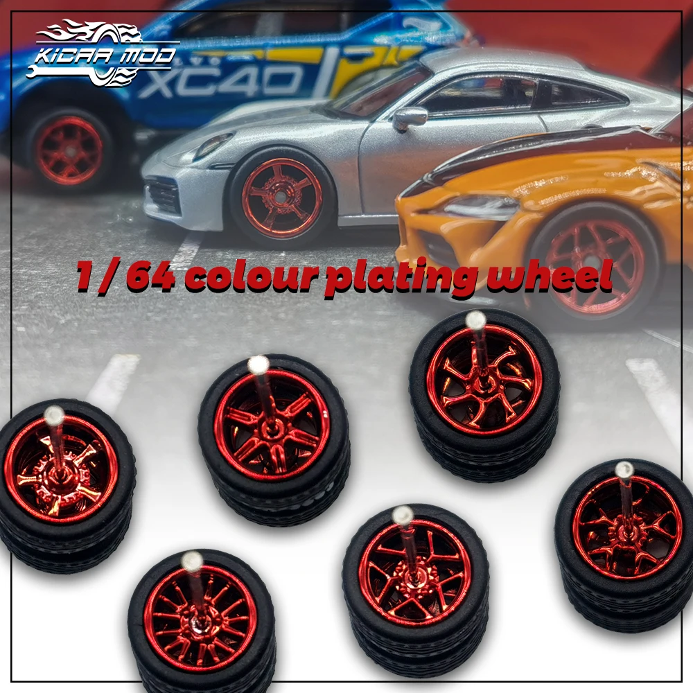 

1/64 Model Car Electroplated Red Wheels (5sets)With Rubber Removable Tires ABS Basic Modified Parts Vehicle Toy For Hotwheels