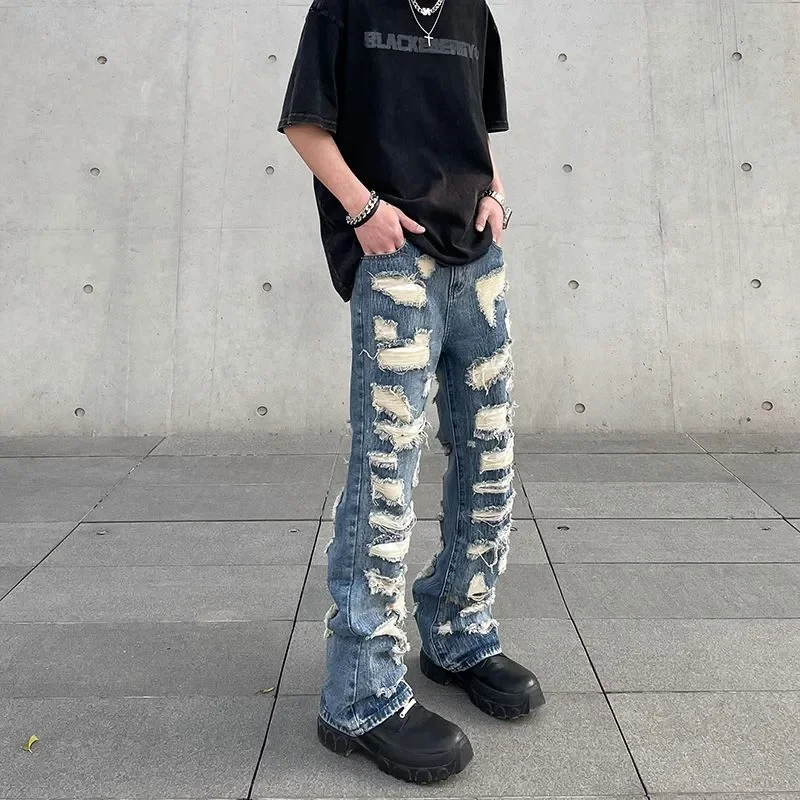 Amerikaanse vintage noodlijdende jeans voor heren Rechte buis van hoge straat, losse fitting broek met rup denim trendy y y 2k