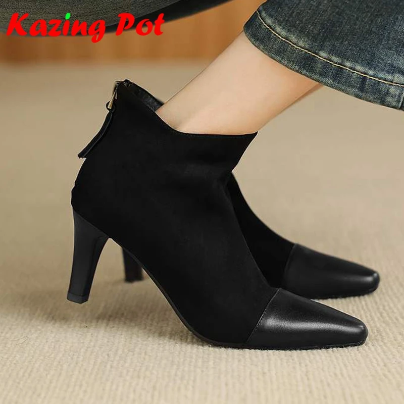 Plus Size 42 2027 Cow Skin Sheep Suede Pointed Toe Med Heels Zipper Modern Boots Winter Autumn Shoes Concise Elegant Ankle Boots