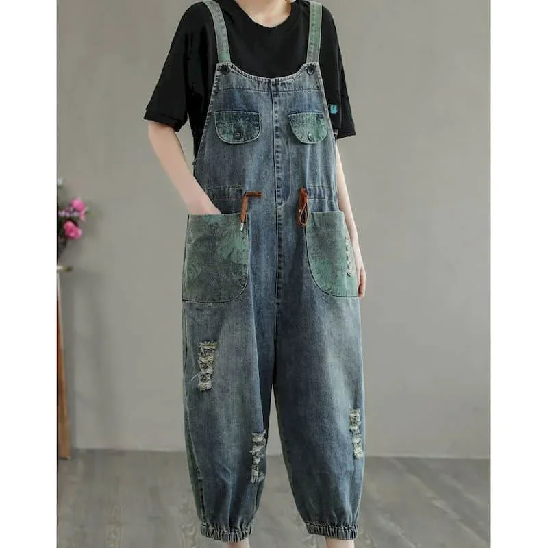 Denim Jumpsuits Loose Casual Emaciated Personality Hole Jeans Korean Fashion Printing Rompers One Piece Outfits Women Clothing