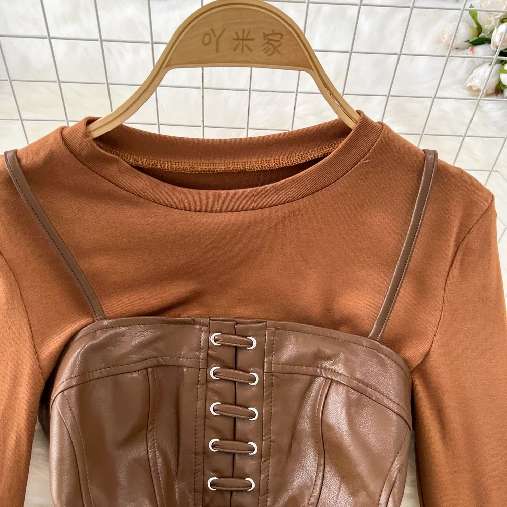 Conjunto informal de dos piezas de moda coreana para mujer, conjunto de vestido de cuero PU sin tirantes con cordones Vintage, trajes de 2 piezas de