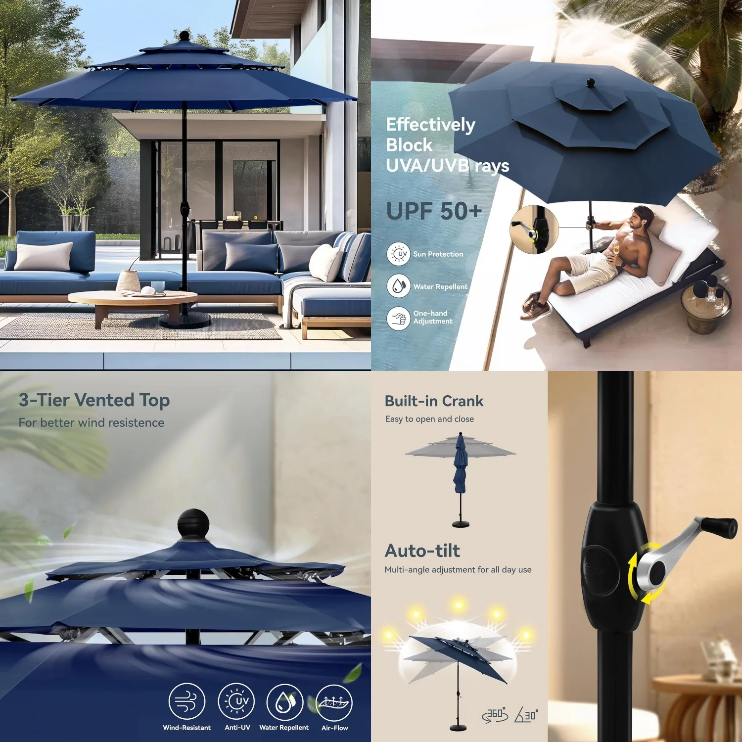 

10ft 3-Tier Vented Patio Umbrella Windproof UV Block Backyard Deck Garden 1.5in Pole No Base, Customized