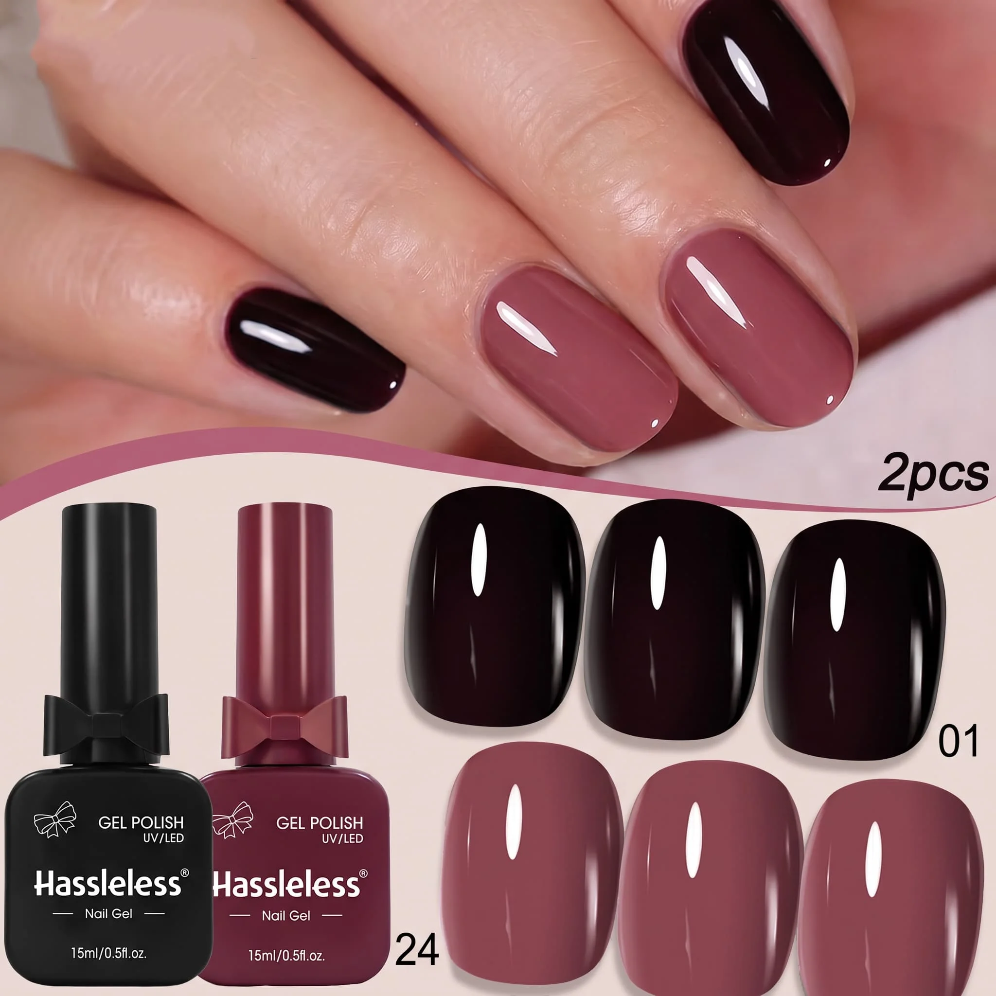 Hassleless 2-Piece Vintage Dark Rose Nail Polish Set, Featuring Soft Gray Bean Paste Rose and Rich Black Cherry Wine Red, with a Salon-Like Mirror Finish