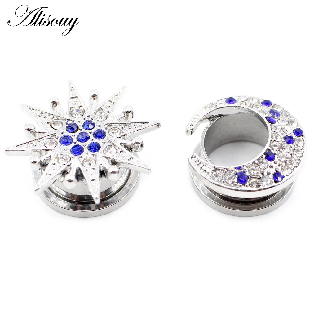 Alisouy 2 Stück Edelstahl Blume Zirkonia Mond Stern Uhr Herz Schraube Ohr Tunnel Plugs Expander Messgeräte Körper Piercing Schmuck – Detail 39
