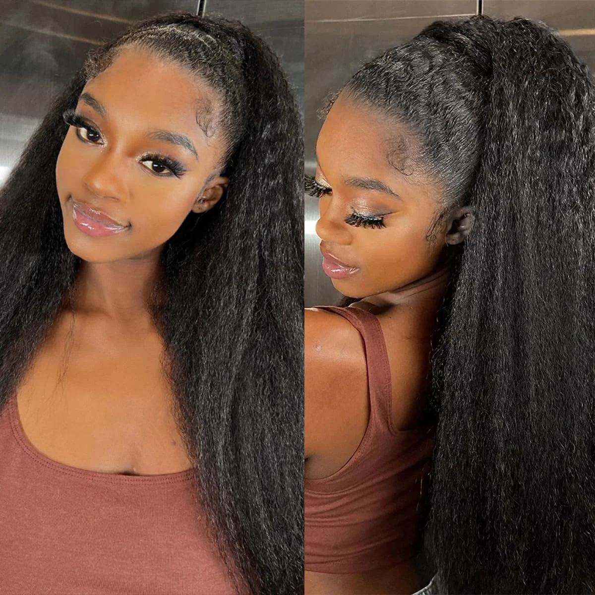 

Kinky Straight Half Wig Human Hair 3-in-1 Drawstring Yaki Glueless Wig Ready-to-Wear Yaki Glueless Half Wig on Sale