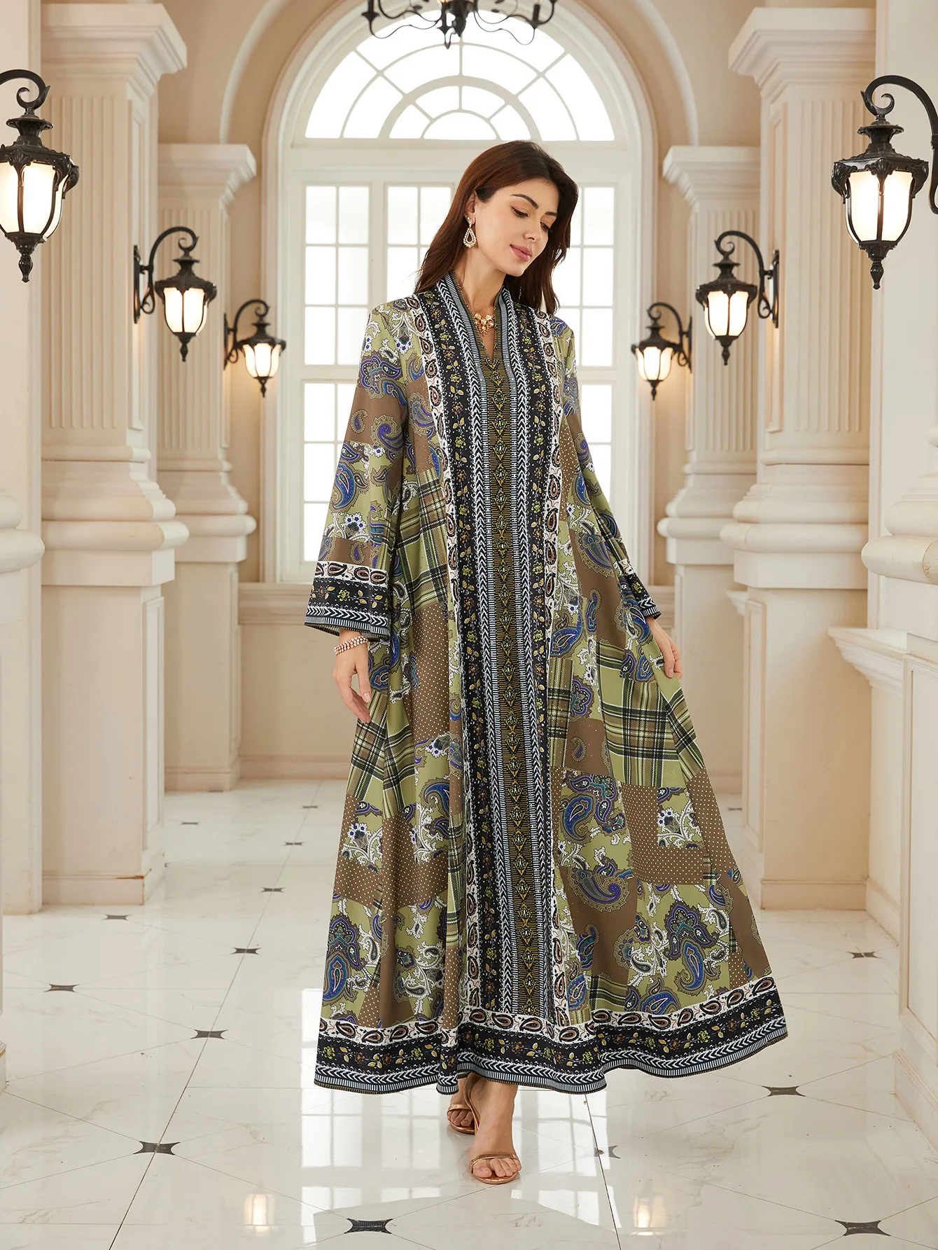 

Скромное платье макси с принтом и стразами, с длинным рукавом, мусульманское скромное платье, арабская абайя, повседневное платье, блестящее вечернее платье для вечеринок