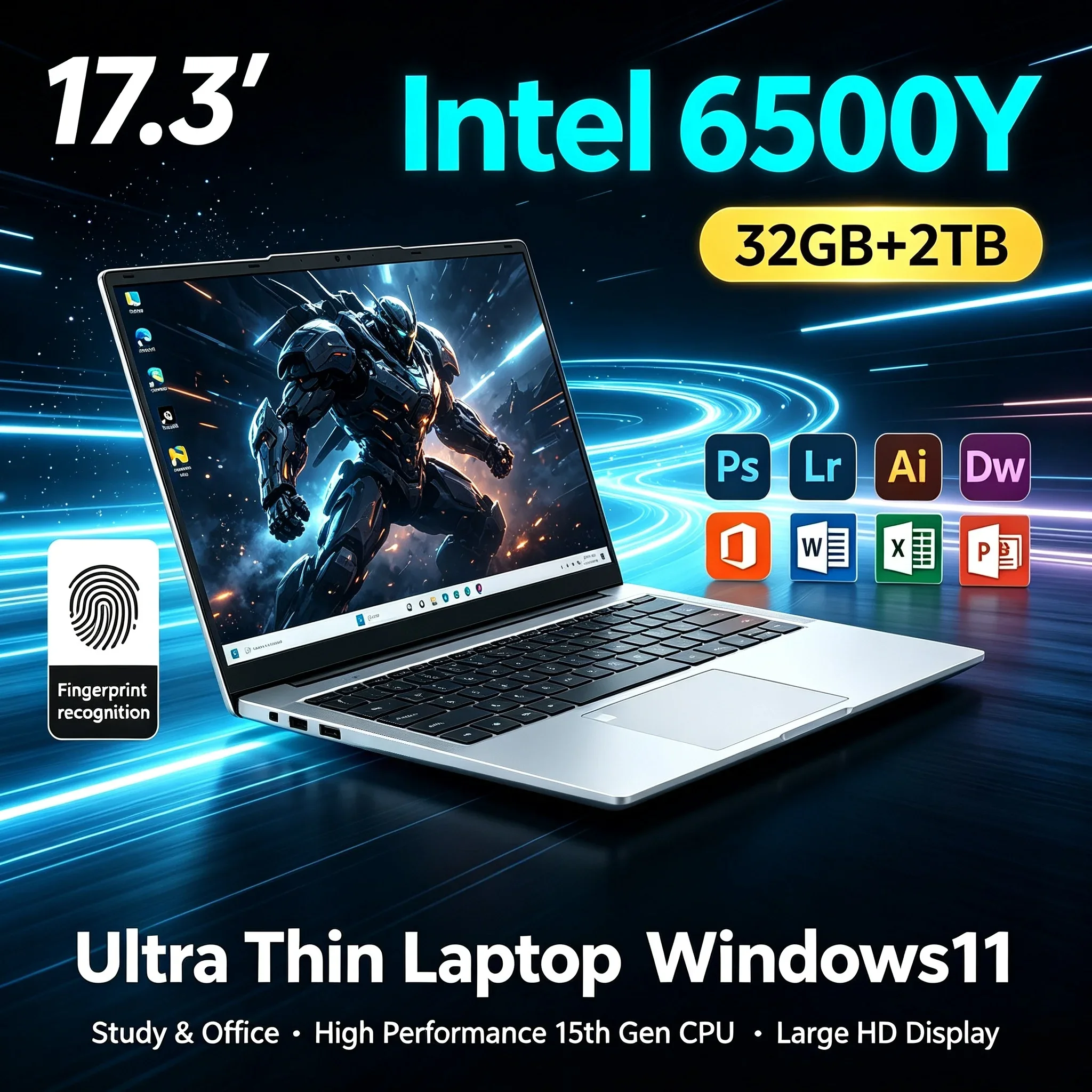 17.3 Inch Laptop Large HD Screen Intel 6500Y Processor 32GB RAM 1TB 2TB SSD Windows11 WiFi6 BT5.2 Notebook For Household Office
