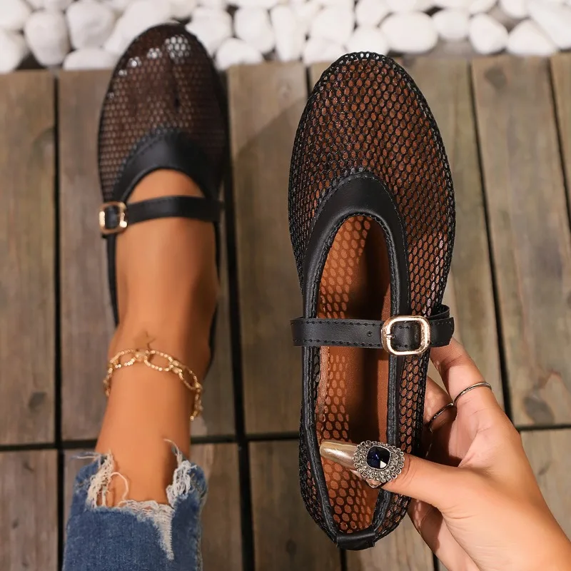 Round head one buckle strap ballet shoes women's soft bottom flat hollow Mary Jane single fishing net shoes image 3