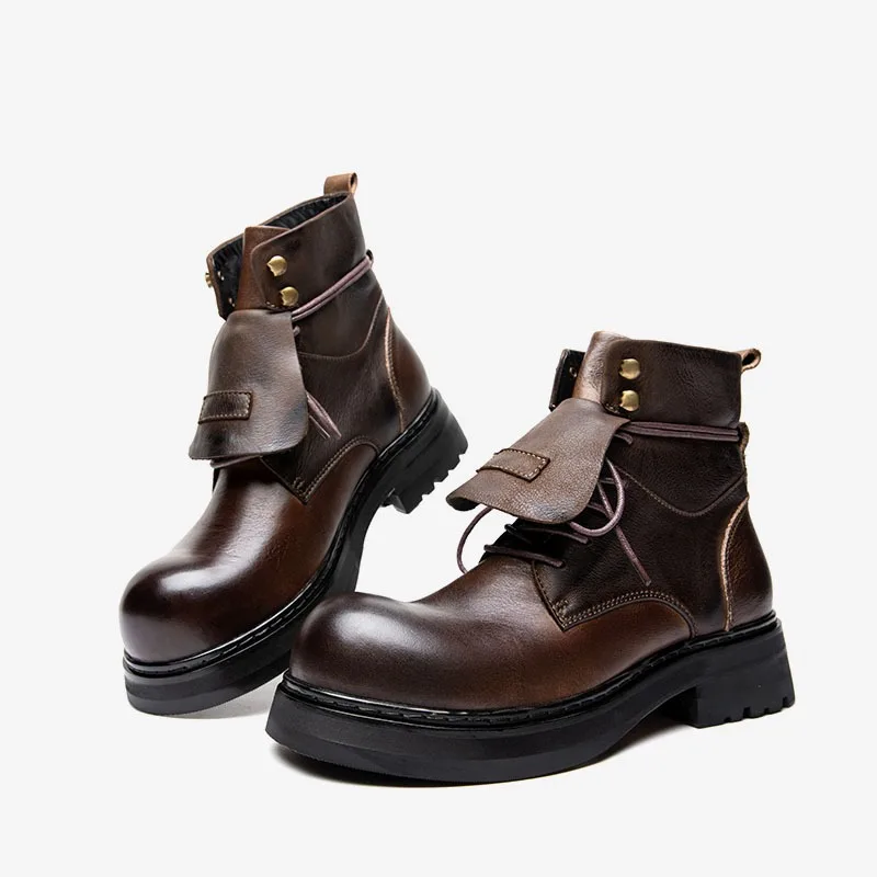 

British Thick Soled Riding Boots Men's Shoes Genuine Leather American Retro High Top Motorcycle Work Boots Male Cowhide Trendy