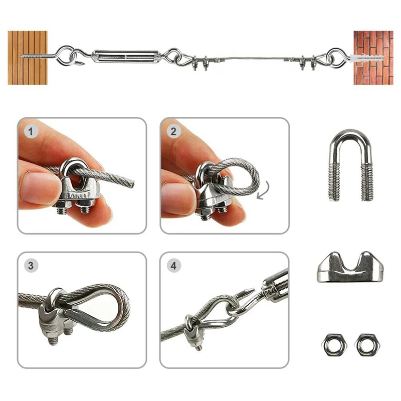 20M Stainless Steel Kit, 3MM Sorting Helps Tighten Rope Wear With M5 Stainless Steel Rope Clamp R Durable Easy To Use