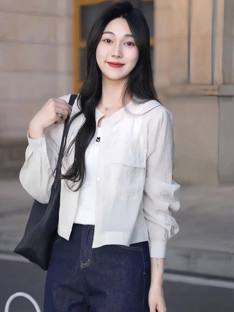 Csa de protección solar, abrigo corto, hoado, fino, de manga larga, cuello redondo, ropa de abrigo de verano para mujer,...