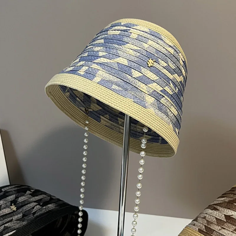 

Luxury Straw Bucket Hats Pearls Chain Sun Hat for Women Wide Brim Beach Hat Summer Hat Striped Patchowrk Foldable Hat Travel