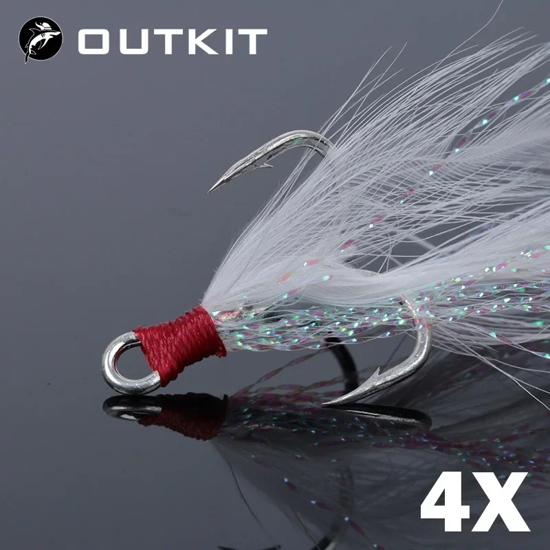 OUTKIT 10pcs Lure Treble Hooks 4X Strength With Feather Tackle Fishing Hook Stronger Carbon Steel Barbed Fishhooks Pesca