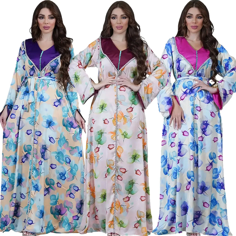 

Abayas For Women Saudi Arab Elegant Floral Print Long Dresses Diamonds V-Neck Kaftan Dubai Luxury Ramadan Clothes Party Evening