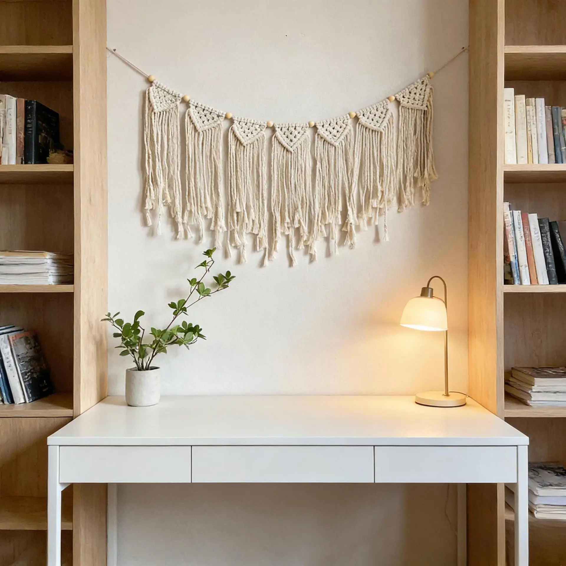 Hand-woven Boho Macrame Tapestry Wall Macrame Garland Banner with Wood Beads Home Wall Art Decoration for Apartment