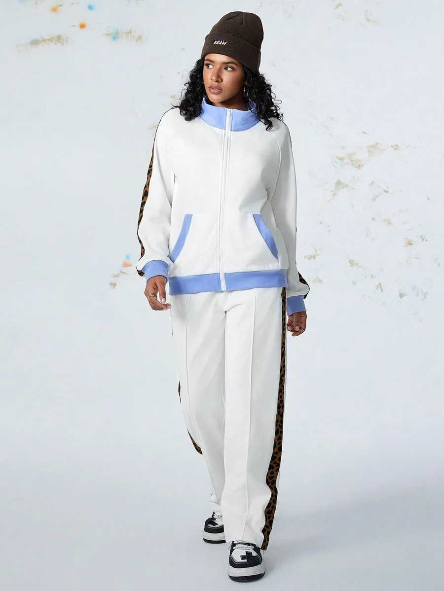 

Womens Leopard Patchwork Zipper Front Tracksuit Set