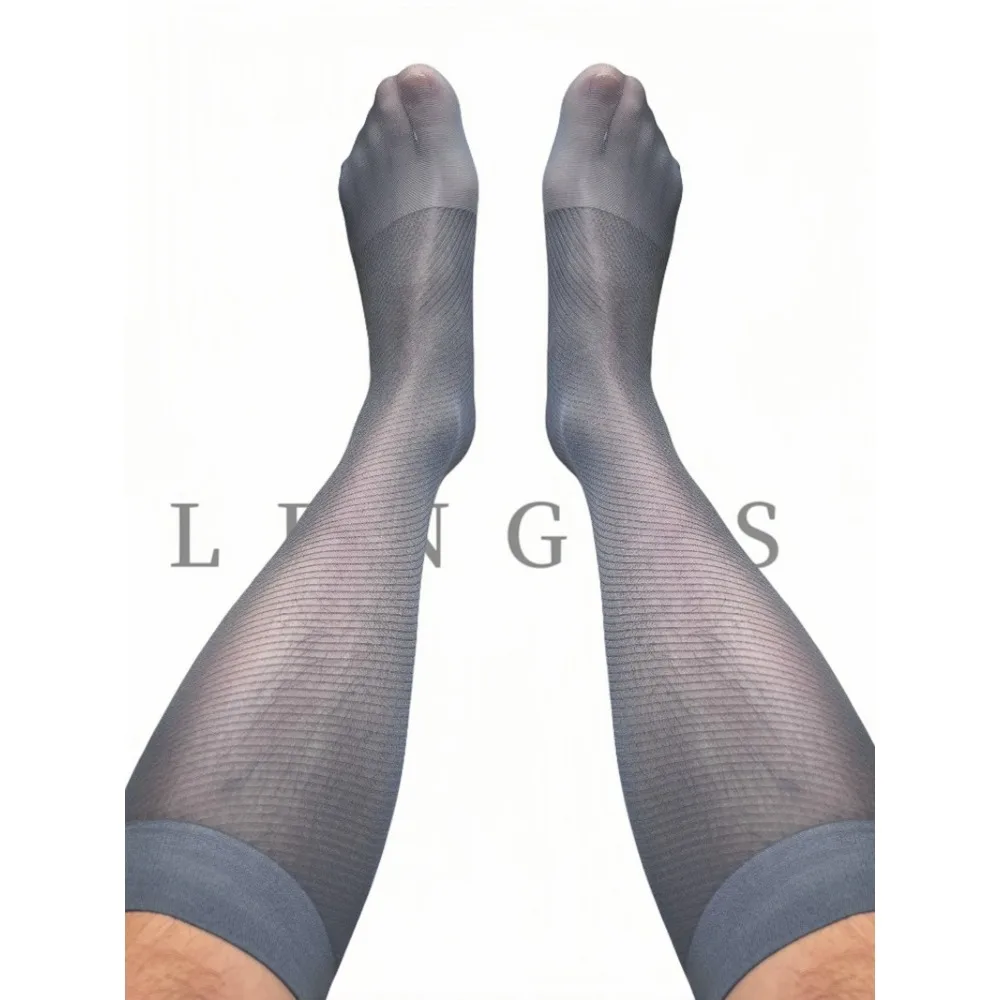 

Sheer Twill Mens Long Socks Knee High Tube Hose Striped Black Navy Gray Fashion Gentlemen Socks Thin See Through Sexy Stocking