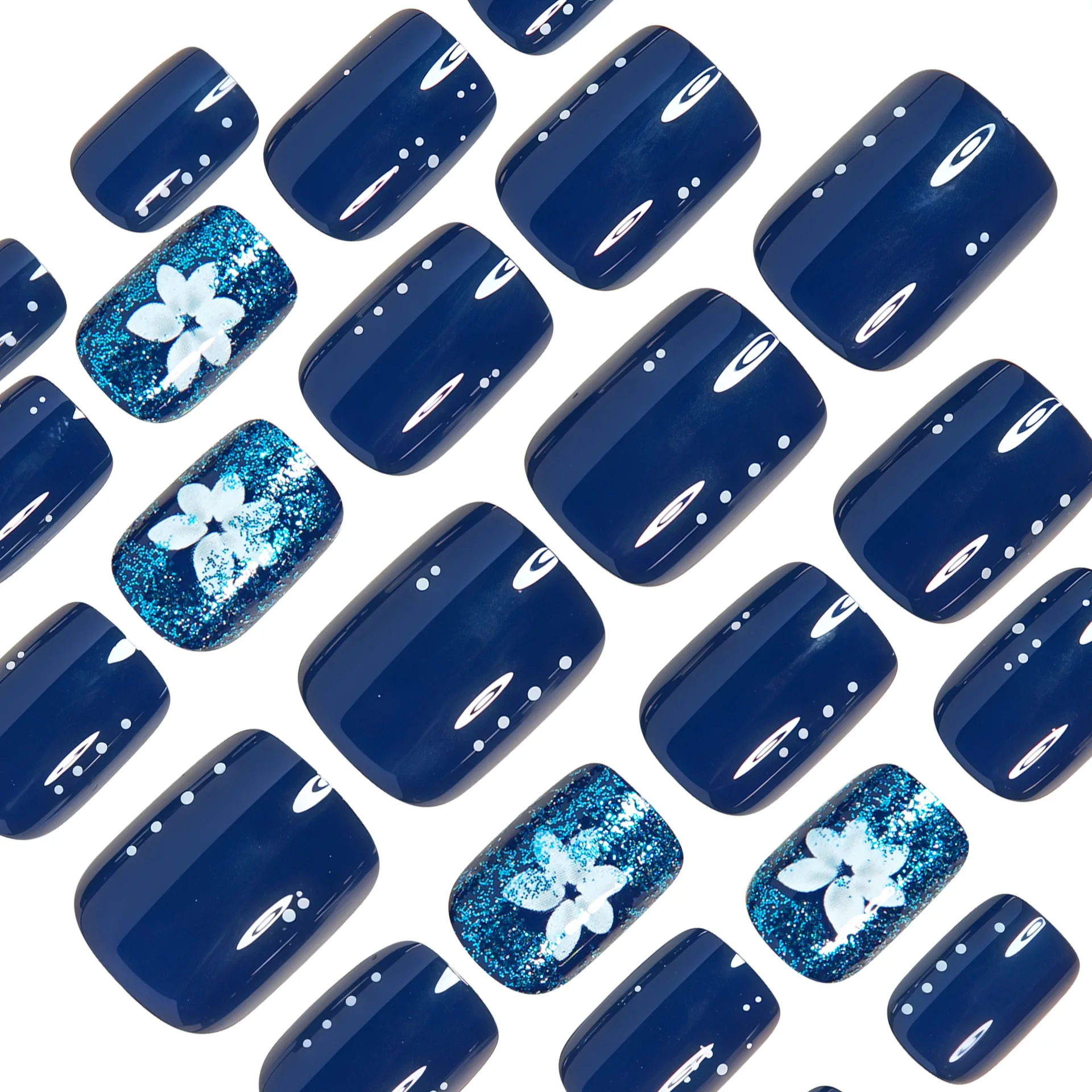 Medium fake nails for women girls gradient blue full cover Square nail tips with flowers pearls design press on false nail art