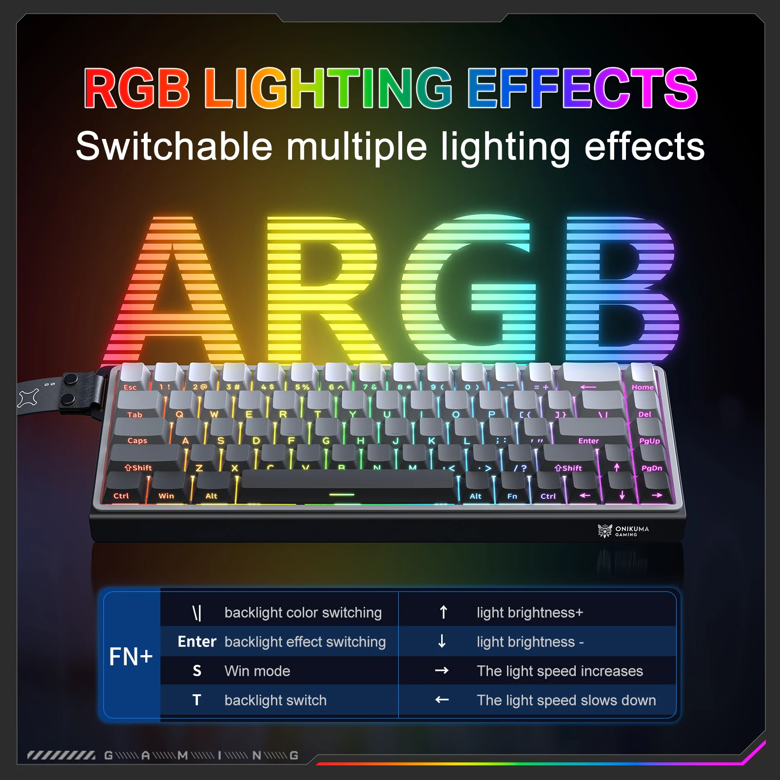 ONIKUMA 68 teclas com fio eixo magnético gradiente RGB efeito de luz teclado de gravação lateral 8000KHz taxa de retorno gatilho de alta precisão