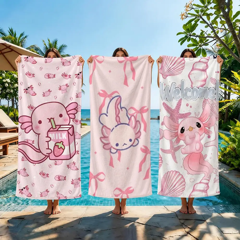 Axolotl Cartoon Kawaii PINK Towel Thick Absorbent Quick Dry Lint Free Tough Ultra Soft For Swimming Gym Camping Outdoor