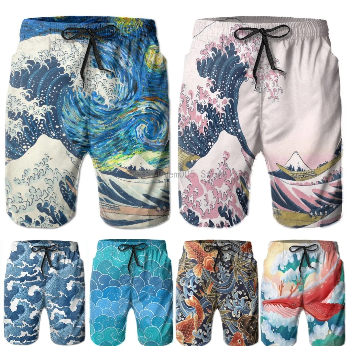 Japanese Blue and White Wave Mens Swim Trunks Beach Board Shorts Swimwear Bathing Suits