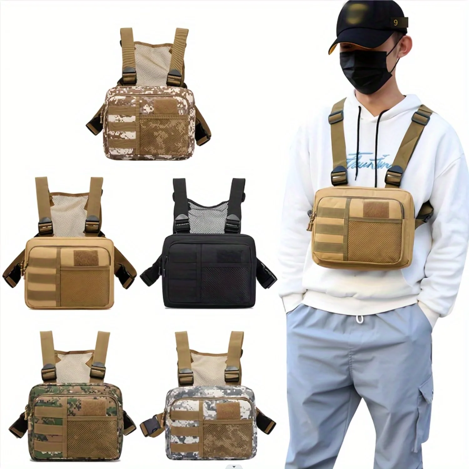 

Men's Waterproof Nylon Chest Bag - Camouflage Running Pack with Secure Zip for Outdoor Activities.