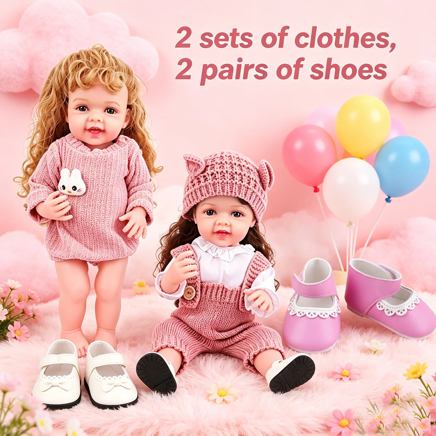 Un conjunto de punto + 2 pares de lindos zapatos para muñecas, ropa para muñecas Reborn de 55 cm, lindo disfraz de conejito de punto para muñecas bebé de 22 pulgadas.