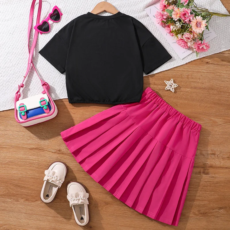 2024 Summer Child Clothes Sets Short Sleeve Print Cartoon T-shirt Pleated Skirts 2 Piece Sets Designer Girls Clothes Sets 8-12T