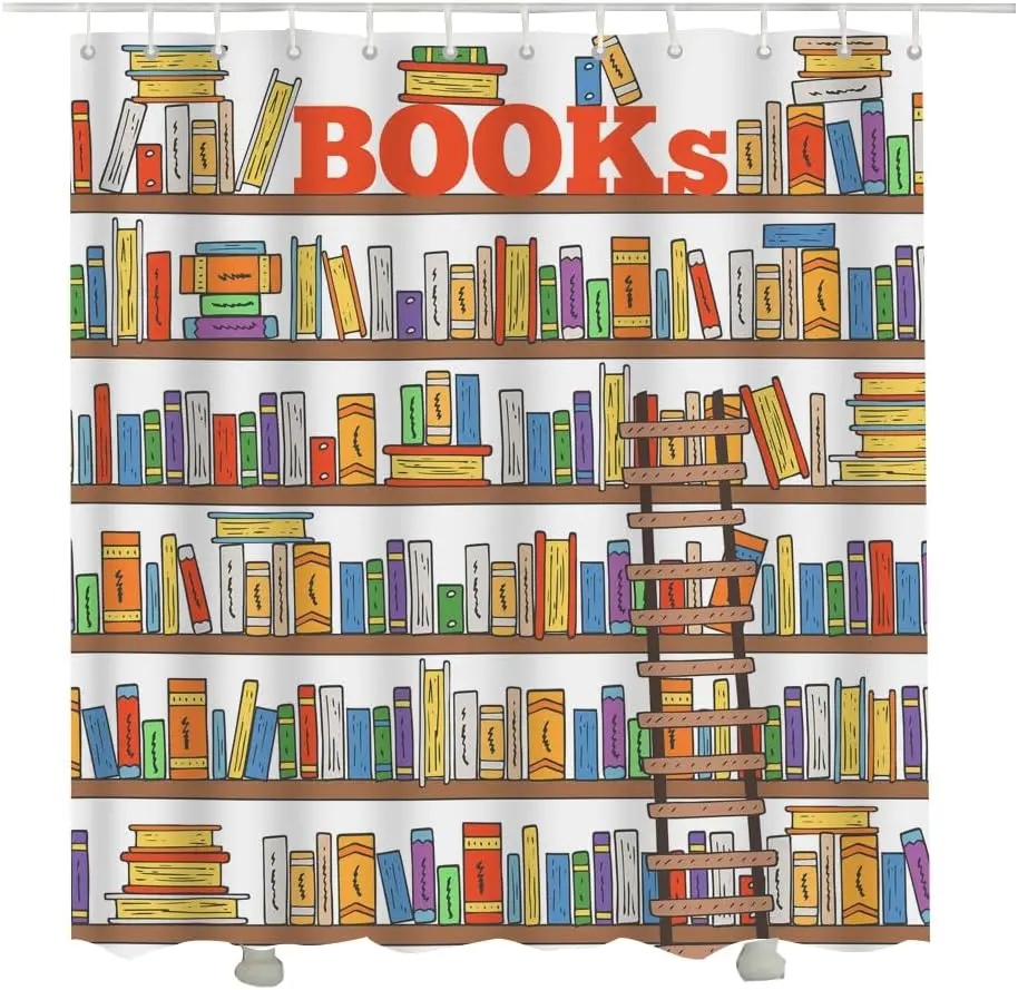 Books Shelves Shower Curtain Ladder for Store Library Reading Club Stairway Shower Curtain Hooks Bathroom Decorative Accessories