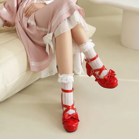 2024 Spring Women High Heels Mary Jane Pumps Party Wedding White Pink String Lace Bow Princess Cosplay Summer Lolita Shoes