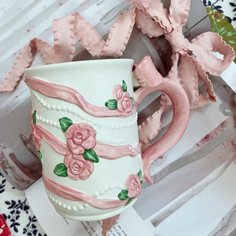 Water Cup Ceramic Cute Pink Rose Bow Ribbon Matte Glaze Chinese Gift Suitable for Dining Table Kitchen Living Room Decorations