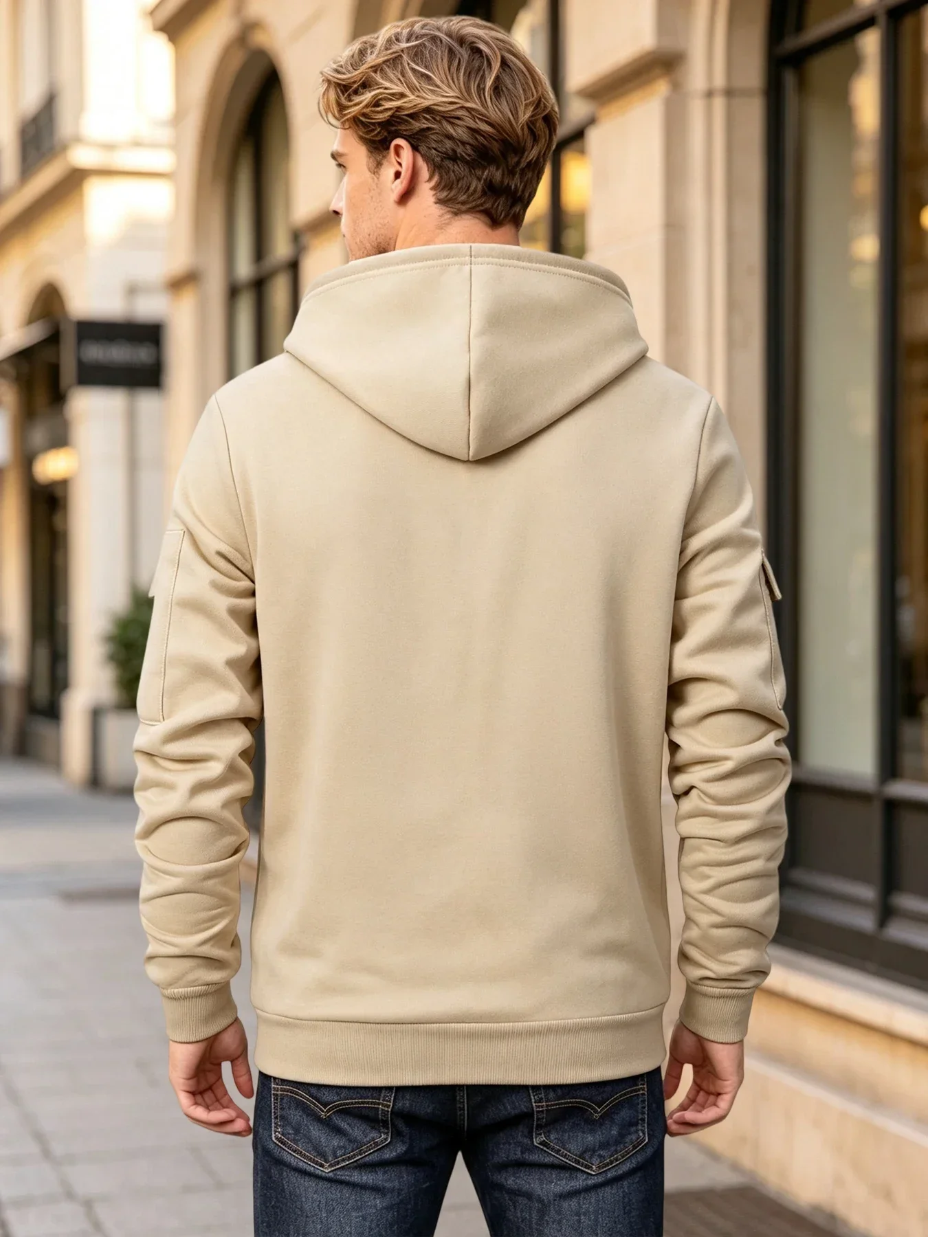 Men Long Sleeve Full Zip Hoodie Drawstring Hooded Jacket Arm Zipper Pocket Decor Label Casual Autumn Outerwear