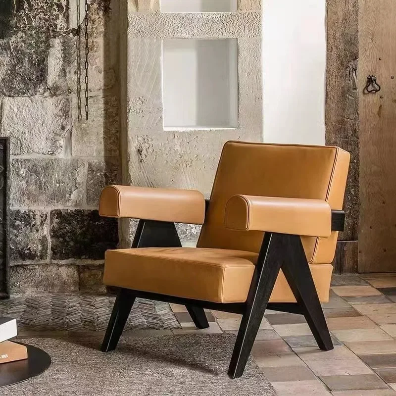 

Retro Solid Wood Single Sofa Chair Chandigarh Wabi Wind Furniture Casual Single Leather Fabric Armrest Sofa